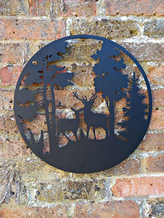Image of Black Deer In Ever Green Woods Steel Garden Screen - 45cm dia.