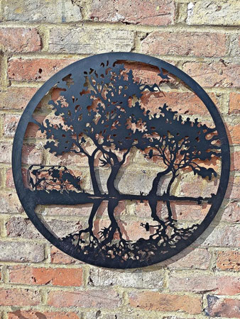 Image of Black Steel Garden Screen Of A Cow Under The Trees - 60cm dia.