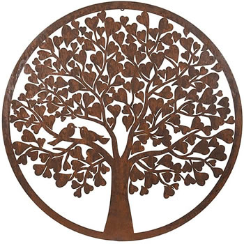 Image of Rustic Round Steel Metal Heart Leafed Tree Wall Art Plaque with Love Birds - 1m