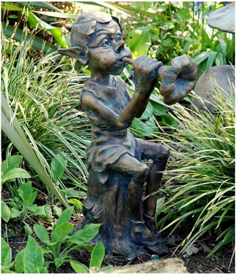 Image of Piping Pixie Playing a Flower Flute Statue - Bronzed Effect Resin, 55cm tall