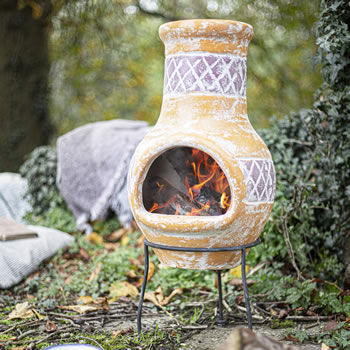 Image of Oxford Barbecues Sunset Yellow With Red Detail Clay Chiminea Patio Heater
