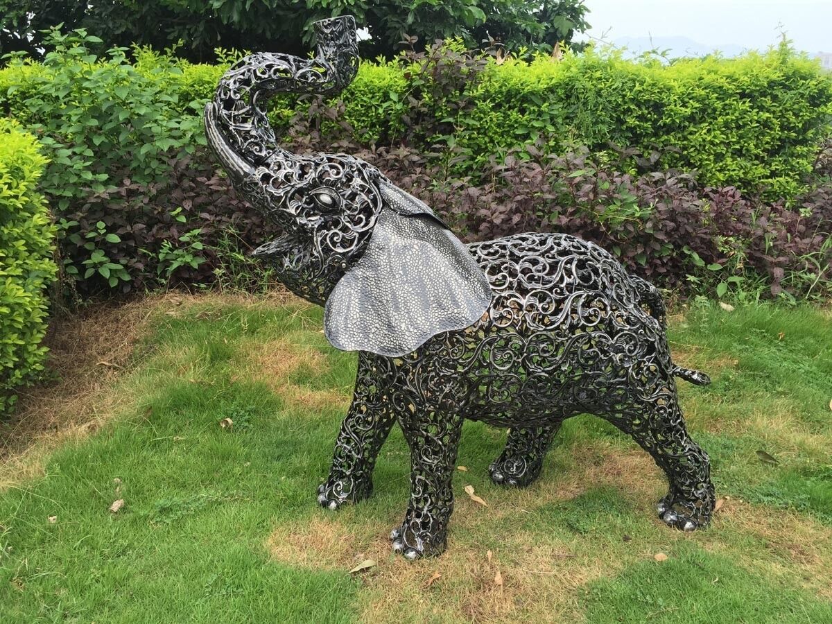 Image of Standing Filigree Metal Elephant Sculpture Garden Ornament - 1.2m (4ft)