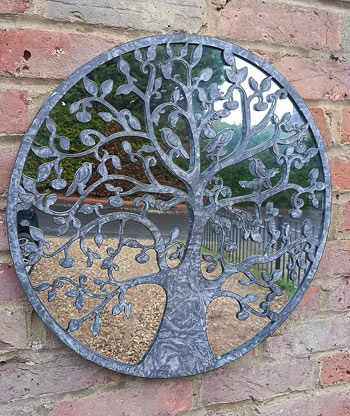 Image of Tree Of Life Mirror Screen In Pewter Coloured Metal With Little Birds - 51cm Diameter