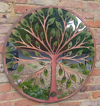 Image of Green Leaf Tree Of Life Metal Framed Wall Mirror - 80cm Diameter