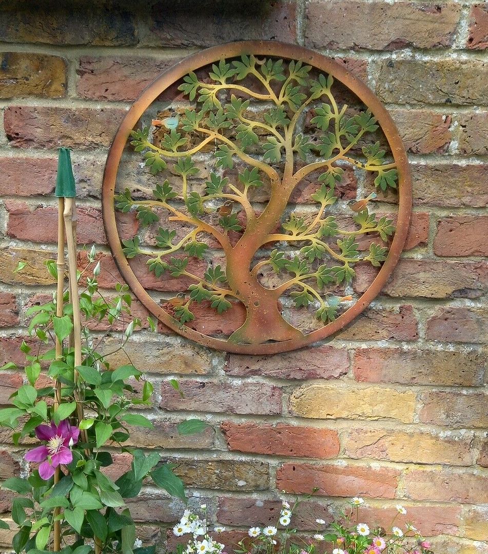Image of Rustic Green Leaf Tree Of Life Metal Wall Art Screen