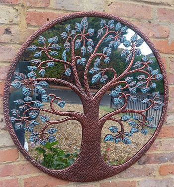 Image of Bronze Tree Of Life Mirror Screen With Dimpled Patina And Green Veined Leaves - 80cm