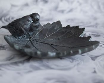 Image of Pair of Love birds on a Leaf Garden Bird Bath in Cast Bronze Effect Resin