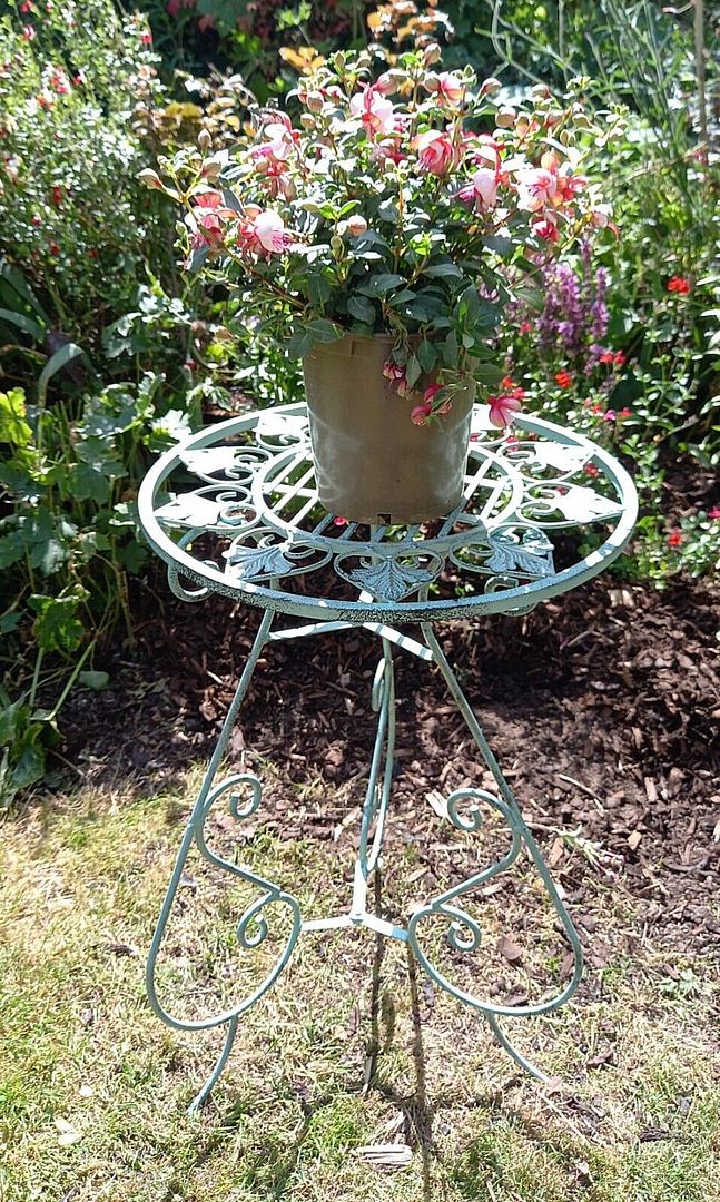 Image of Verdigris Green Metal Plant Coffee Side Table - Folding Stand 58cm