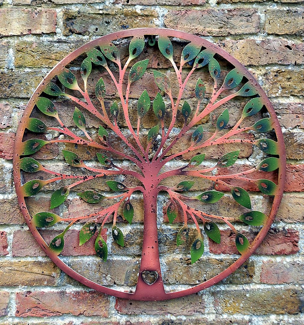 Image of Green Leaf Tree Of Life Metal Wall Art With Heart Motif - 65cm Diameter