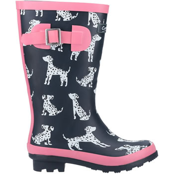 Image of Cotswold Kids Wellington Boots in Dalmatian Navy/Pink Print