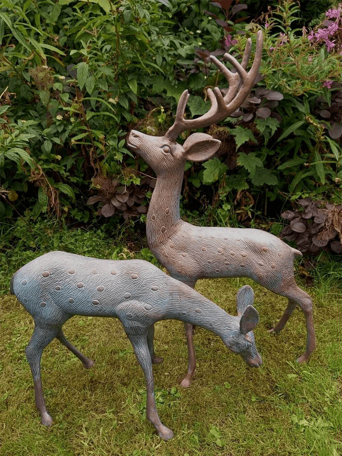 Pair of Bronzed Deer Stag and Doe Garden Ornaments with antique bronze finish