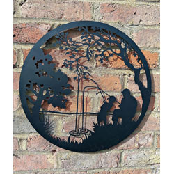 Image of Black Garden Screen Of A Father and Son Fishing - 45cm dia.