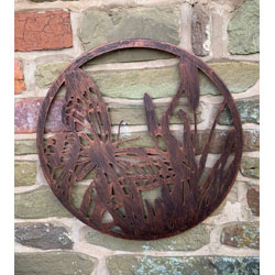 Image of Butterfly On Reeds In A Copper Finish Steel Garden Screen - 45cm dia.
