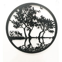 Extra image of Black Steel Garden Screen Of A Cow Under The Trees - 60cm dia.