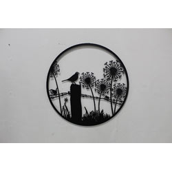 Extra image of Bird Perching On A Post Surrounded By Dandelions Black Steel Garden Screen - 60cm dia.