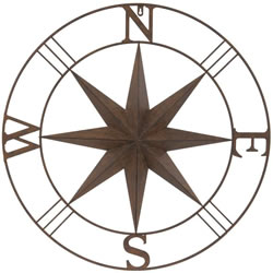 Small Image of Rust Coloured Round Metal Compass Wall Art Screen - 74cm