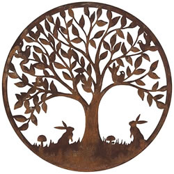 Small Image of Rustic Round Steel Metal Woodland Rabbit Wall Art Plaque- 60cm