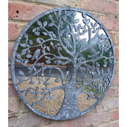 Extra image of Tree Of Life Mirror Screen In Pewter Coloured Metal With Little Birds - 51cm Diameter