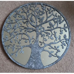 Extra image of Tree Of Life Mirror Screen In Pewter Coloured Metal With Little Birds - 51cm Diameter