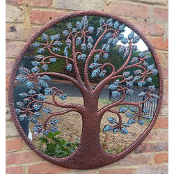 Image of Bronze Tree Of Life Mirror Screen With Dimpled Patina And Green Veined Leaves - 80cm