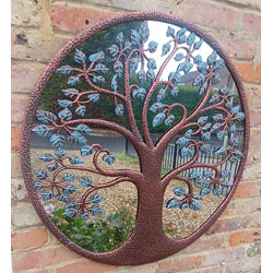 Extra image of Bronze Tree Of Life Mirror Screen With Dimpled Patina And Green Veined Leaves - 80cm