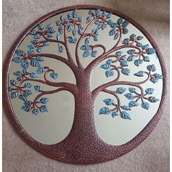Extra image of Bronze Tree Of Life Mirror Screen With Dimpled Patina And Green Veined Leaves - 80cm
