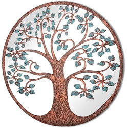 Extra image of Bronze Tree Of Life Mirror Screen With Dimpled Patina And Green Veined Leaves - 80cm