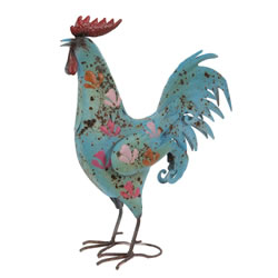 Small Image of Blue Painted Metal Cockerel Garden Ornament