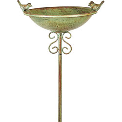 Small Image of Verdigris Metal Bird Table/Bath With Ornamental Bird Sculptures