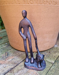 Extra image of Walkies! Dog Walker Ornament Hand Cast in Aluminium with Antique Bronze Finish