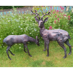 Image of Stag and Doe Deer Set Garden Sculptures - Hand Cast in Aluminium