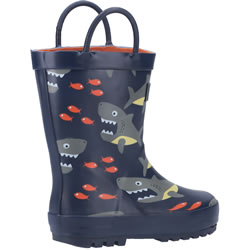 Extra image of Cotswold Puddle Kids' Wellington Boots in Shark Print