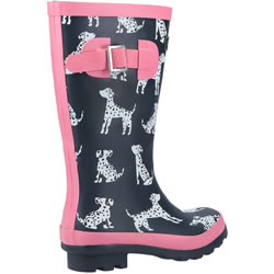 Extra image of Cotswold Kids Wellington Boots in Dalmatian Navy/Pink Print