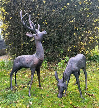 Image of Large Cast Stag and Doe Deer Garden Sculptures with Antique Bronze Finish