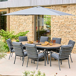 Image of LG Monza 8 Seat Oval Set with Lazy Susan, Highback Armchairs and 2.0m x 3.0m Parasol